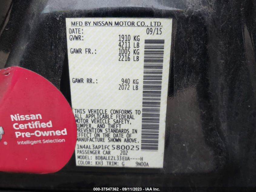 2015 NISSAN ALTIMA 2.5/S/SV/SL - 1N4AL3AP1FC580025