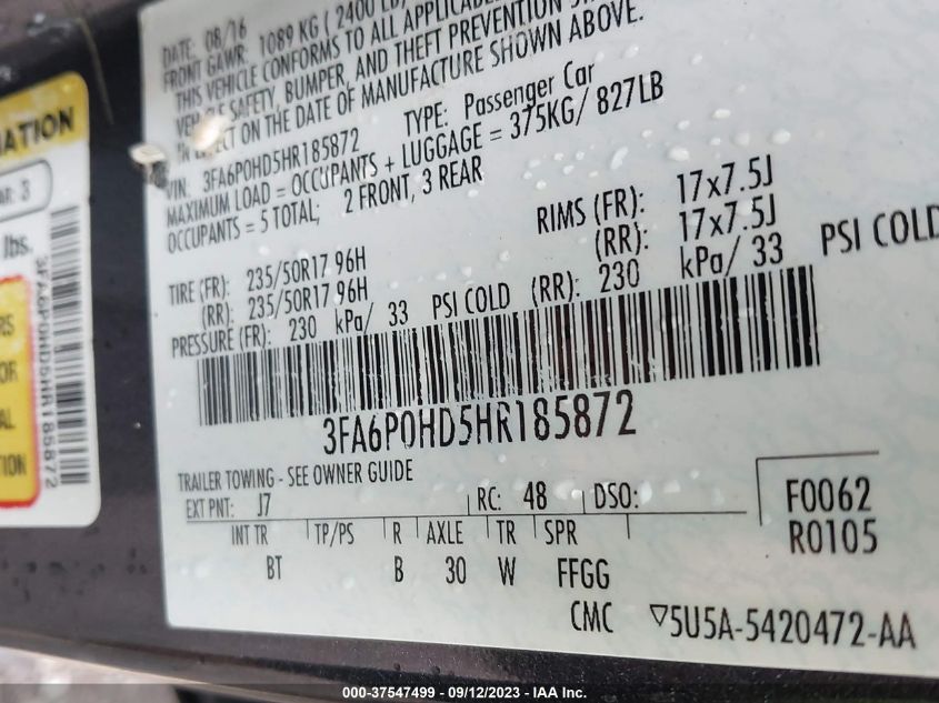 2017 FORD FUSION SE - 3FA6P0HD5HR185872