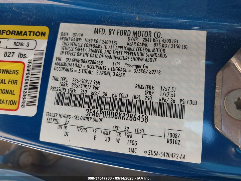 2019 FORD FUSION SE - 3FA6P0HD8KR286458