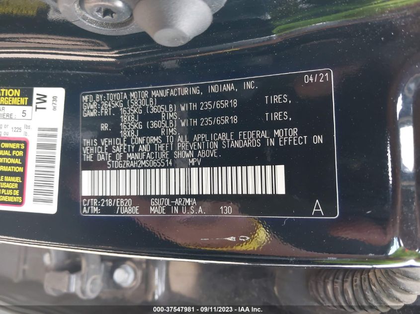 2021 TOYOTA HIGHLANDER XLE - 5TDGZRAH2MS065514