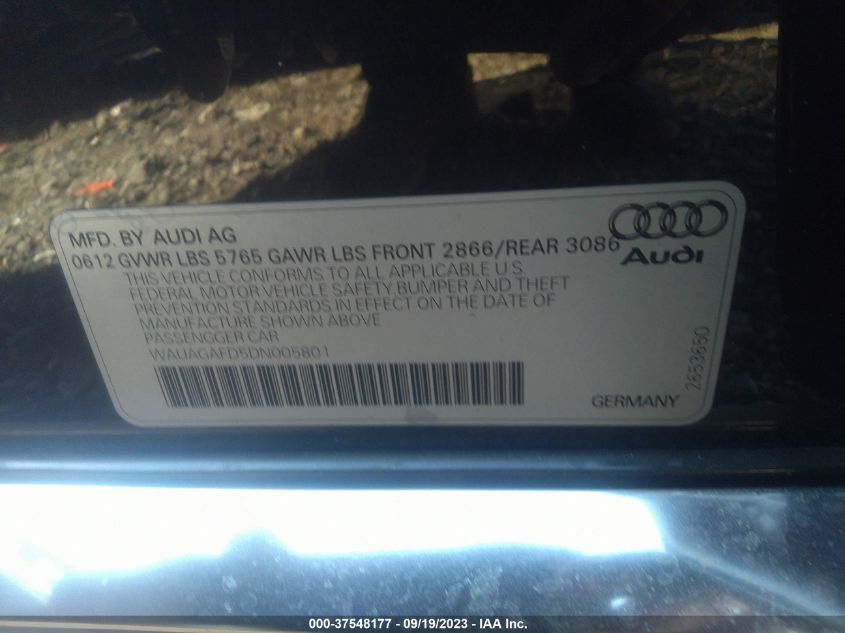 2013 AUDI A8 3.0L WAUAGAFD5DN005801