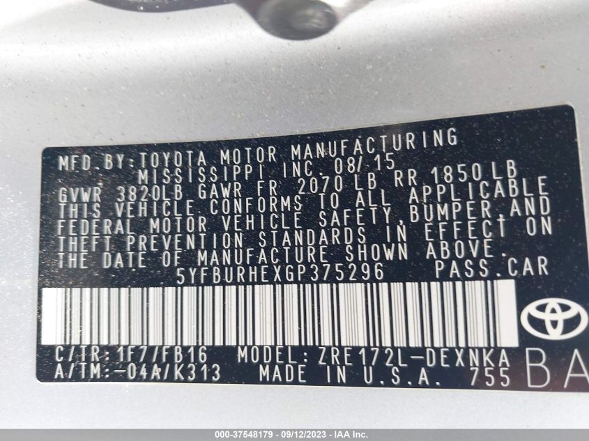 2016 TOYOTA COROLLA L/LE/S/S PLUS/LE PLUS - 5YFBURHEXGP375296