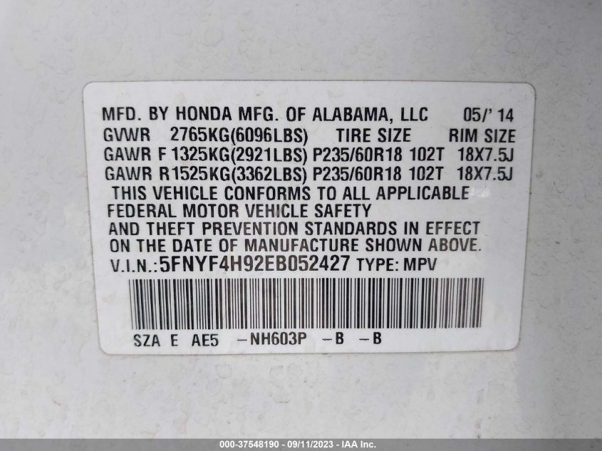 2014 HONDA PILOT TOURING - 5FNYF4H92EB052427