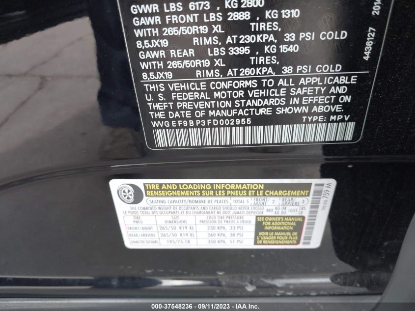 2015 VOLKSWAGEN TOUAREG LUX - WVGEF9BP3FD002955