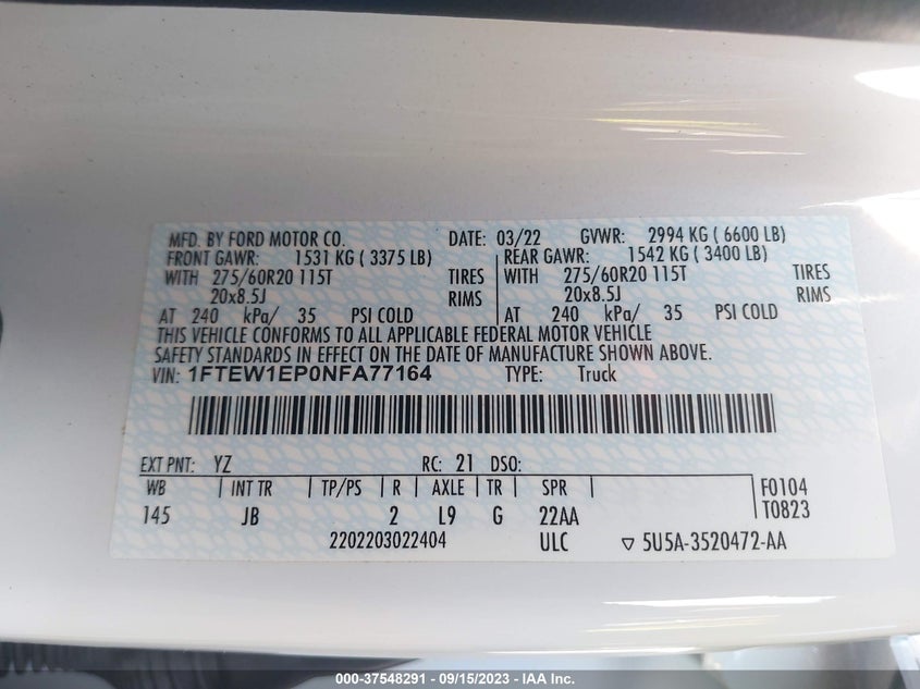 VIN 1FTEW1EP0NFA77164 2022 FORD F-150 XL/XLT/LARIAT