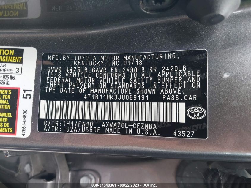 2018 TOYOTA CAMRY LE/SE/XLE/L - 4T1B11HK3JU069191