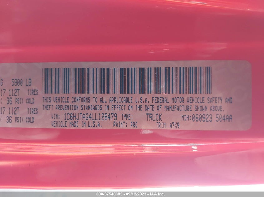 VIN 1C6HJTAG4LL126479 2020 JEEP GLADIATOR SPORT