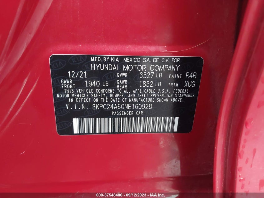 VIN 3KPC24A60NE160928 2022 HYUNDAI ACCENT SE