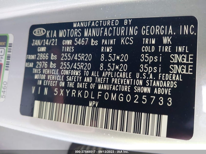 VIN 5XYRKDLF0MG025733 2021 KIA SORENTO SX