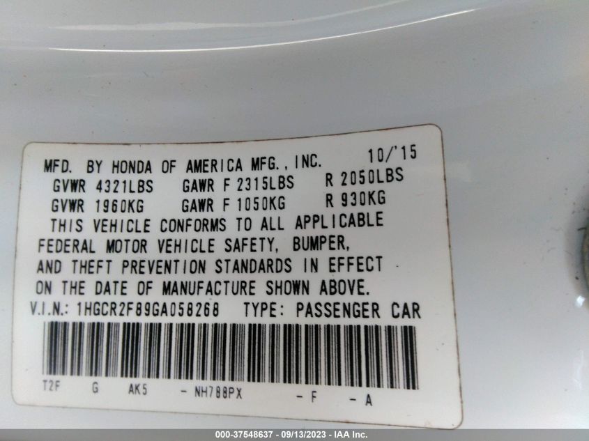 2016 HONDA ACCORD EX-L - 1HGCR2F89GA058268