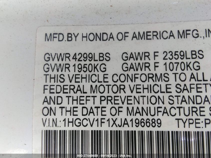 2018 HONDA ACCORD SEDAN LX 1.5T - 1HGCV1F1XJA196689
