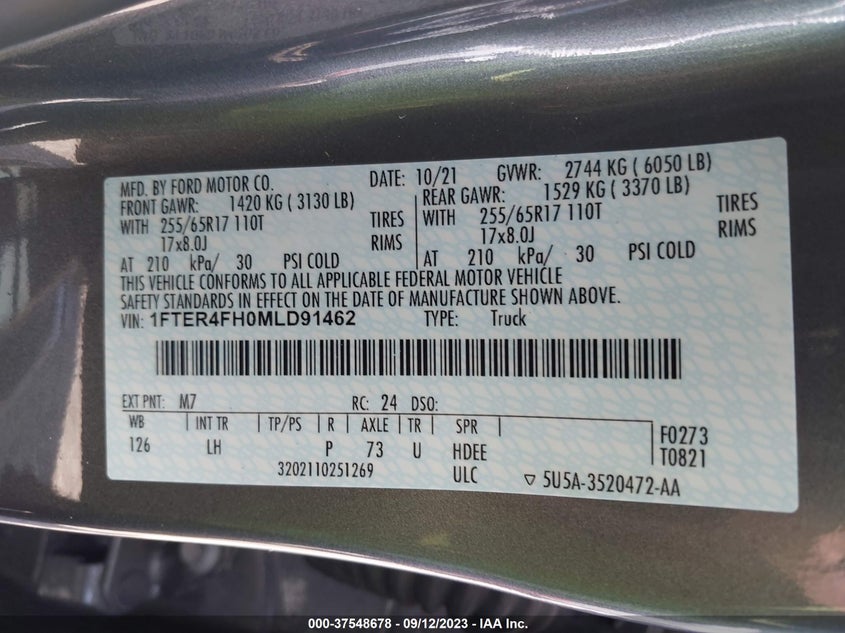 VIN 1FTER4FH0MLD91462 2021 FORD RANGER XL/XLT/LARIAT