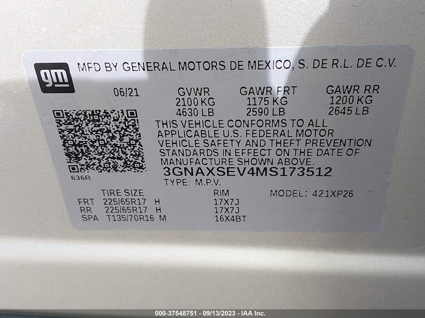 VIN 3GNAXSEV4MS173512 2021 CHEVROLET EQUINOX LS