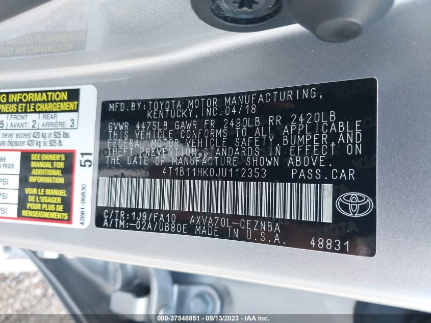 2018 TOYOTA CAMRY LE/SE/XLE/L - 4T1B11HK0JU112353