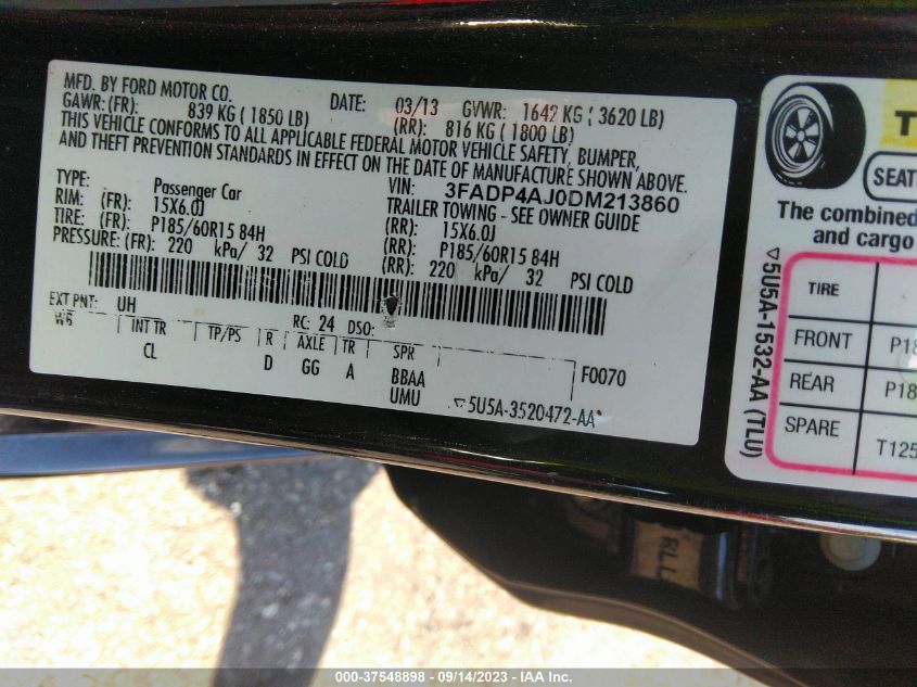 2013 FORD FIESTA S - 3FADP4AJ0DM213860