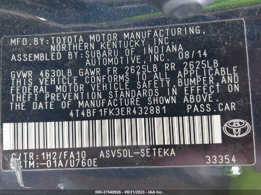 2014 TOYOTA CAMRY L/SE/LE/XLE - 4T4BF1FK3ER432881
