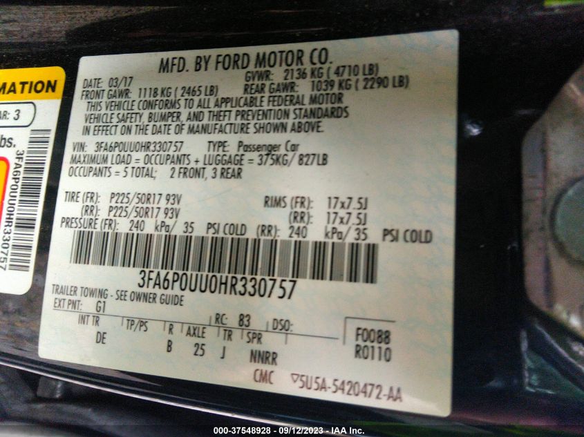 2017 FORD FUSION HYBRID S - 3FA6P0UU0HR330757
