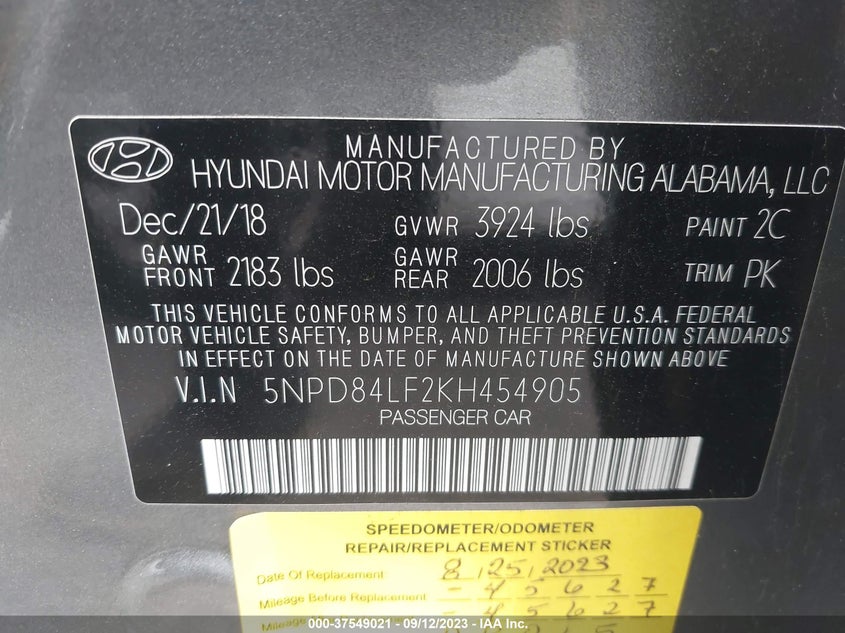 VIN 5NPD84LF2KH454905 2019 HYUNDAI ELANTRA SEL/VALUE/LIMITED