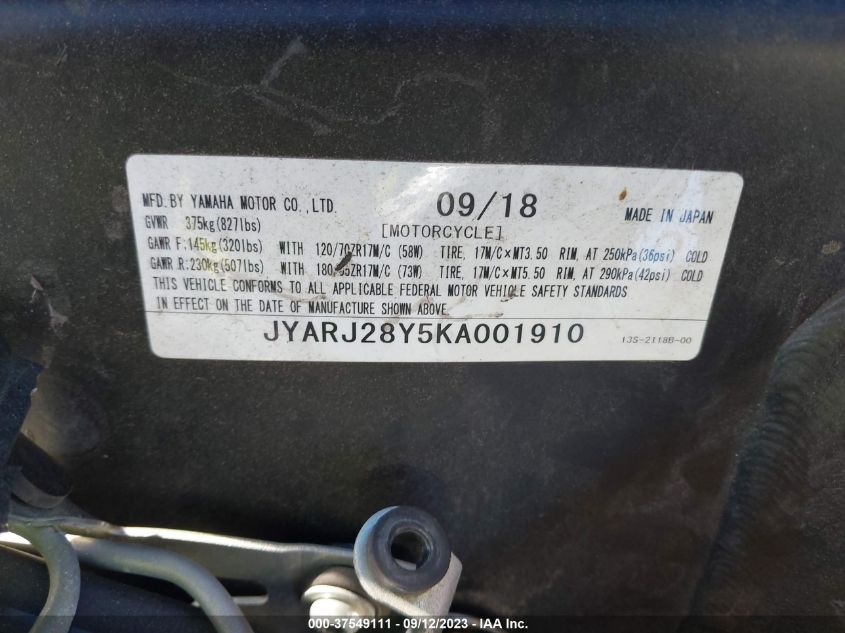 2019 YAMAHA YZFR6 C JYARJ28Y5KA001910