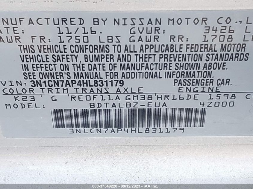 2017 NISSAN VERSA SEDAN SV 3N1CN7AP4HL831179