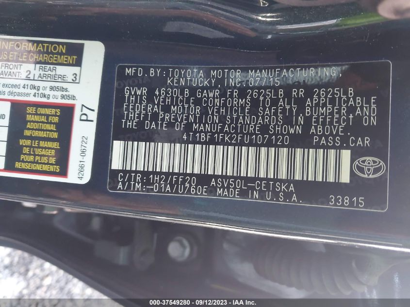 2015 TOYOTA CAMRY XLE/SE/LE/XSE - 4T1BF1FK2FU107120