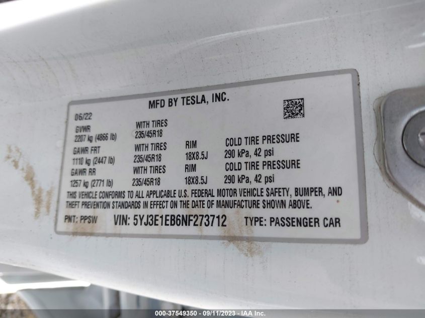 2022 TESLA MODEL 3 LONG RANGE - 5YJ3E1EB6NF273712