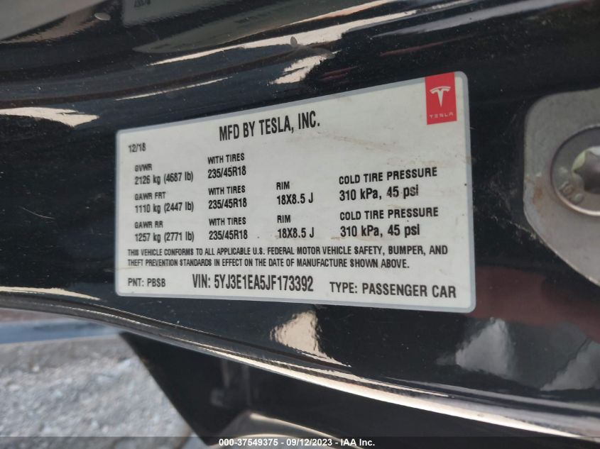 2018 TESLA MODEL 3 RANGE BATTERY - 5YJ3E1EA5JF173392