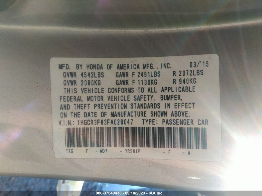 2015 HONDA ACCORD EX-L V-6 - 1HGCR3F83FA026047