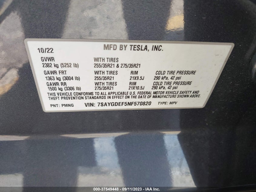 VIN 7SAYGDEF5NF570820 2022 TESLA MODEL Y