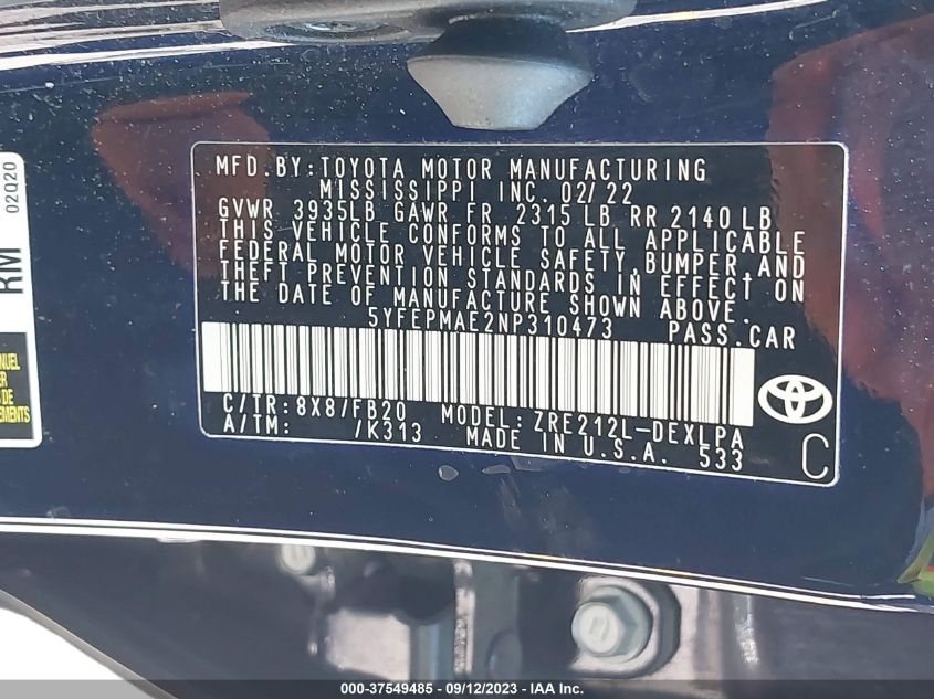 2022 TOYOTA COROLLA LE - 5YFEPMAE2NP310473