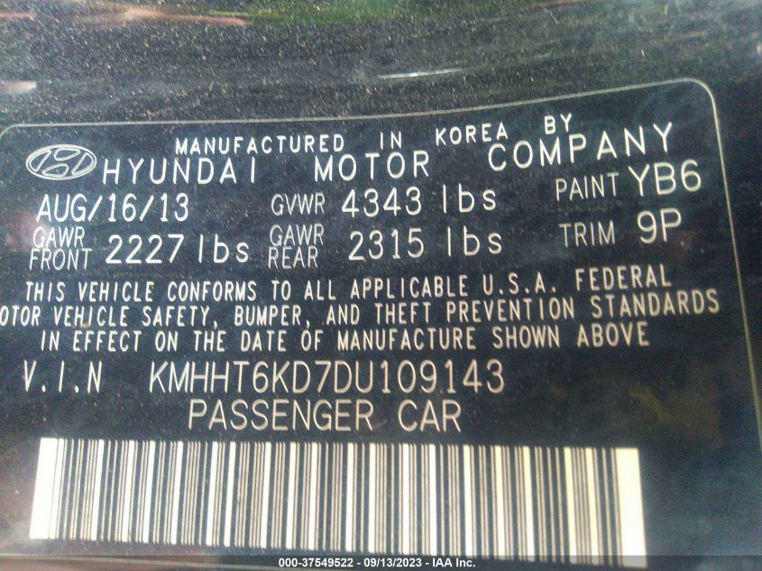 2013 HYUNDAI GENESIS  2.0T PREMIUM - KMHHT6KD7DU109143