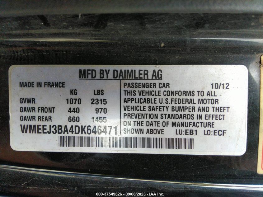 2013 SMART FORTWO PURE/PASSION WMEEJ3BA4DK646471