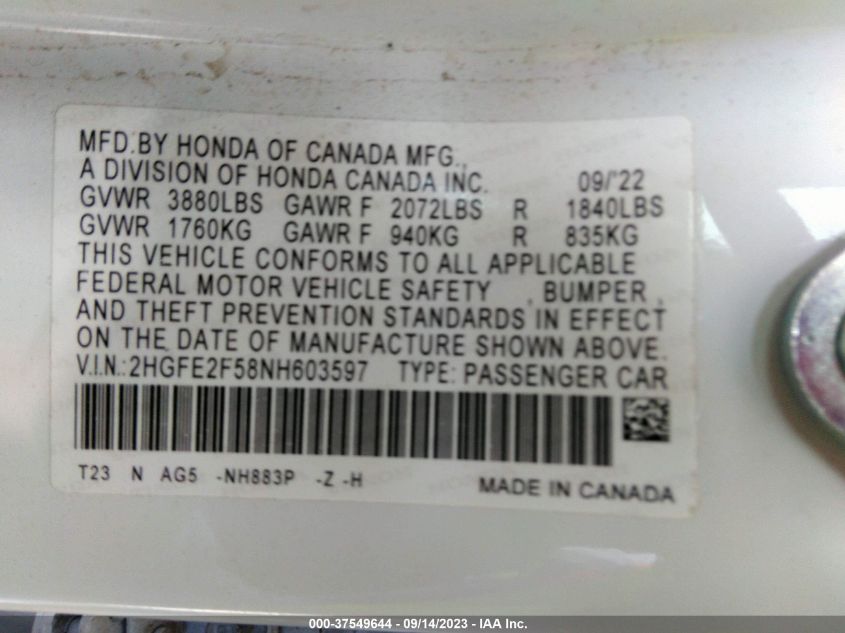 2HGFE2F58NH603597 Honda Civic Sedan SPORT 9