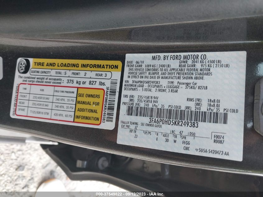 2019 FORD FUSION SE - 3FA6P0HD5KR249383