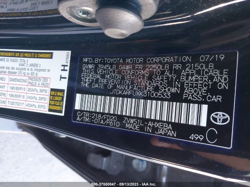 2019 TOYOTA PRIUS L ECO/LE/XLE/LIMITED JTDKARFUXK3100533