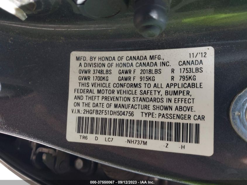 2013 HONDA CIVIC SDN LX - 2HGFB2F51DH504756
