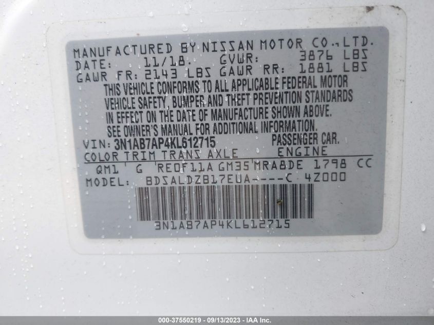 2019 NISSAN SENTRA S/SV/SR/SL - 3N1AB7AP4KL612715