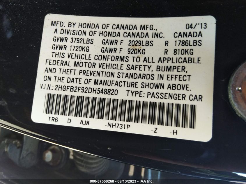 2013 HONDA CIVIC SDN EX-L - 2HGFB2F92DH548820
