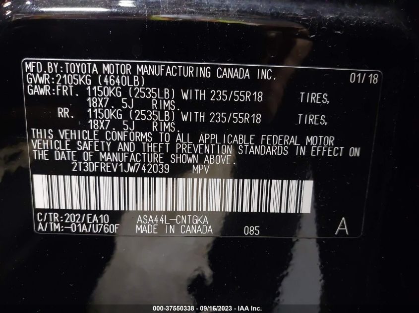 2018 TOYOTA RAV4 LIMITED/PLATINUM - 2T3DFREV1JW742039
