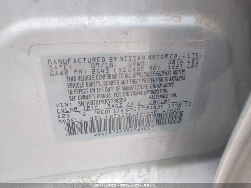 VIN 3N1AB7APXKY234659 2019 NISSAN SENTRA S