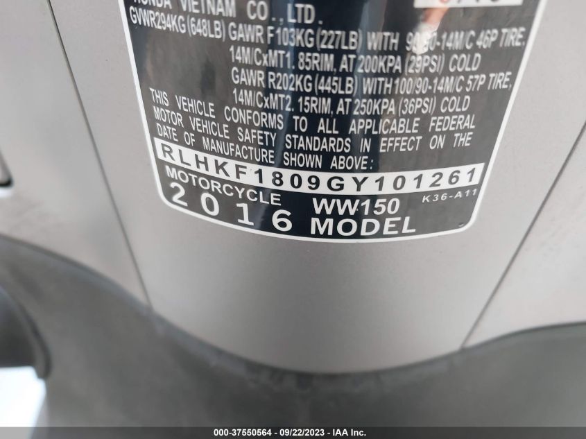 2016 HONDA PCX 150 RLHKF1809GY101261