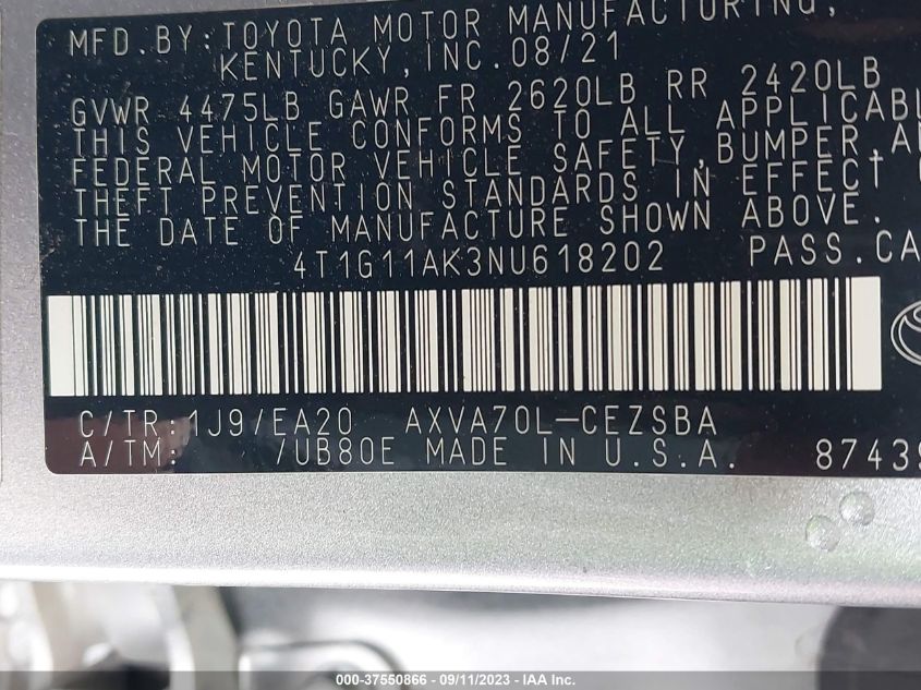 2022 TOYOTA CAMRY SE - 4T1G11AK3NU618202