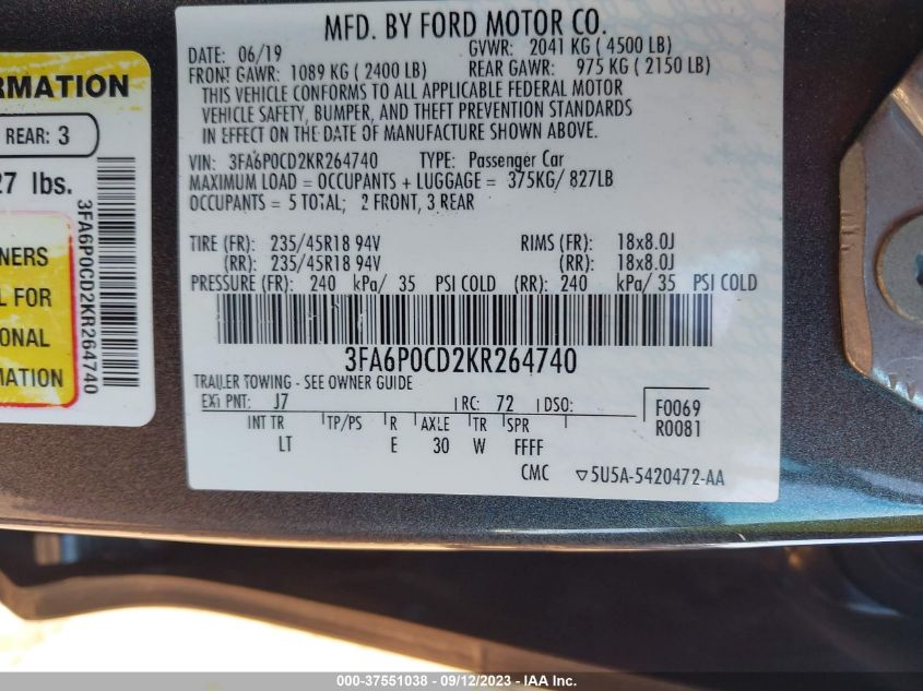 2019 FORD FUSION SEL - 3FA6P0CD2KR264740