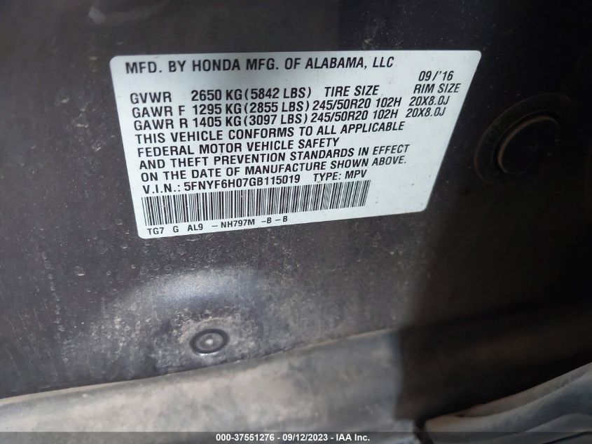 2016 HONDA PILOT ELITE - 5FNYF6H07GB115019