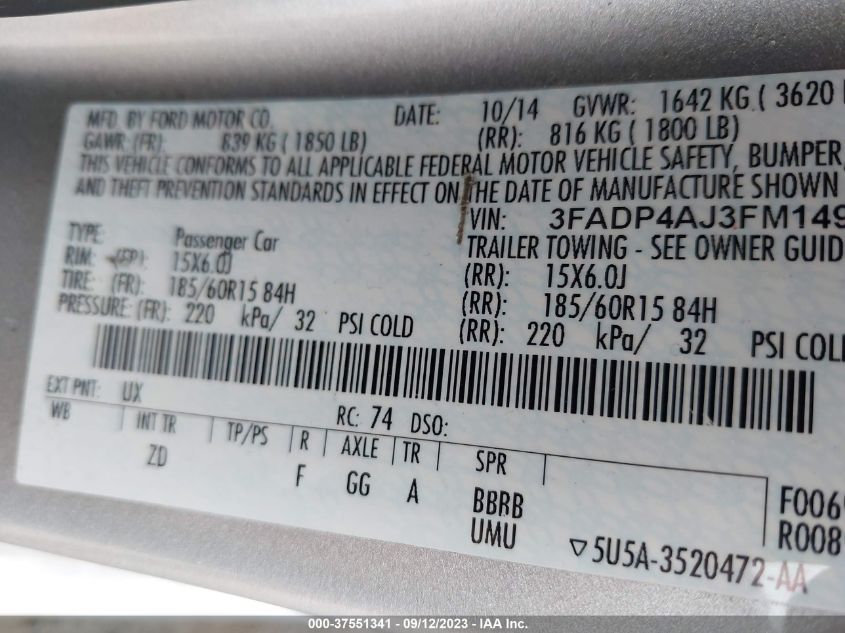 2015 FORD FIESTA S - 3FADP4AJ3FM149476
