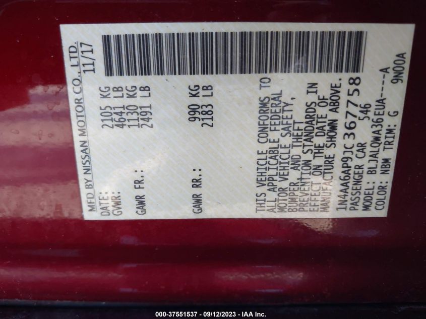 2018 NISSAN MAXIMA S - 1N4AA6AP9JC367758
