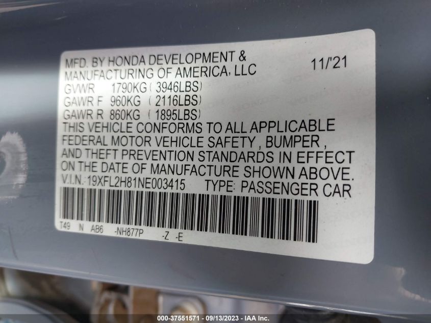 2022 HONDA CIVIC HATCHBACK SPORT - 19XFL2H81NE003415