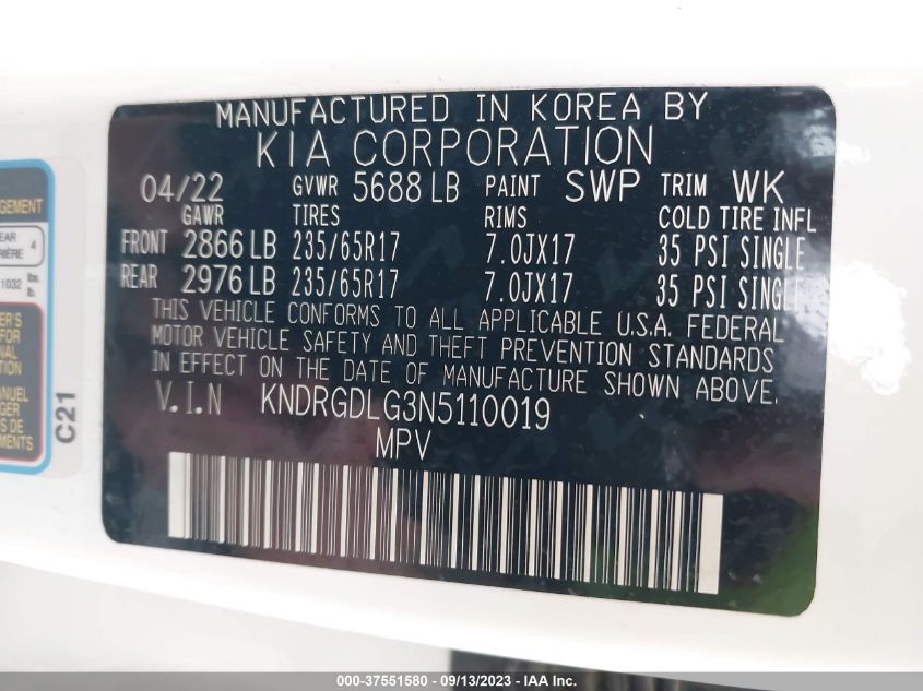 2022 KIA SORENTO HYBRID S KNDRGDLG3N5110019