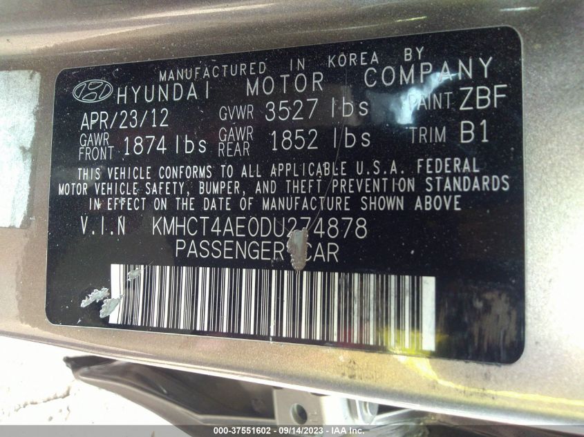 2013 HYUNDAI ACCENT GLS - KMHCT4AE0DU274878