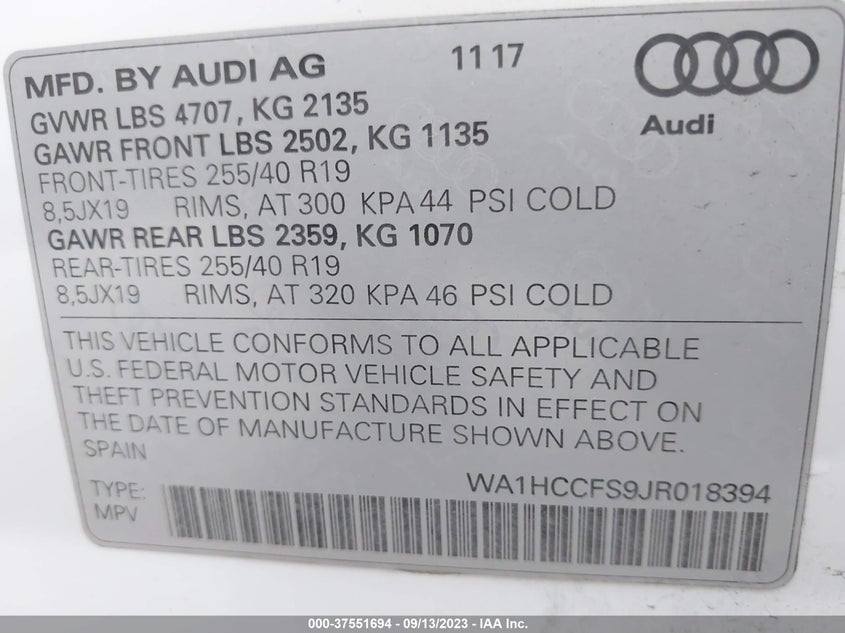 VIN WA1HCCFS9JR018394 2018 AUDI Q3 PREMIUM PLUS